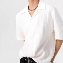 Men's White Textured Bubble Fabric Cuban Collar Short Sleeve Shirt M balta