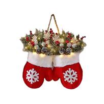 Twinkling Christmas Mitten Wreath with LED Lights Artificial Berries Pine Needles Christmas Glove Wreath Artificial Berries