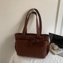 Solid Color Bow Tote Bag Korean Style Nylon Handbag Casual Cotton Padded Shoulder Bag  Girls kava