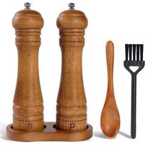 ABBY-Salt And Mill Pepper Grinder Set-Wooden 8-Inch Oak Wood With Stand-Adjustable Core Grinder