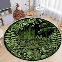 Floral and Leaf Print Round Area Rug, Botanical Green Plant Floor Mat for Living Room Bedroom, Soft Washable Home Decor Carpet 80cm x 80cm