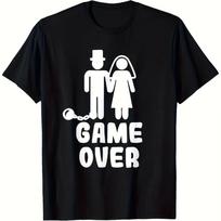 Fun Bride and Groom Wedding T-Shirt Game Over Humorous Design with Ring and Top Hat Breathable Round Neck Short Sleeve S įvairiaspalvis