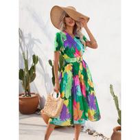 Women's Summer Print Crepe Mid-length Short-sleeved Dress M žalia