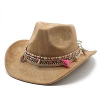 Women Men Western Cowboy Cowgirl Suede Fedora Hat with Tassel Belt