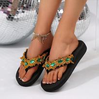 Fashion Luxury Colorful Rhinestone Flip Flops Women Fashion Weightlight Flat Slippers Woman Outdoor Non Slip Clip Toe Slides Female 36 žalia