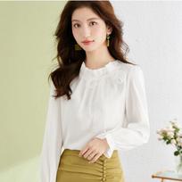 Casual Solid Color Butterfly Bow Sense of Design Blouse Women Long Sleeve O-collar All-match Pleated Chiffon Pullover Shirt S
