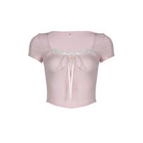 Balletcore Sweet Y2K kaklaraištis, nėriniai, kvadratinė apykaklė, rožiniai marškinėliai, moteriški trumpomis rankovėmis 2000 m. Mieli Kawaii drabužiai S rožinė