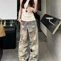 Spring Women Vintage Washed Ripped Baggy Jeans Y2K Grunge Wide S mėlyna