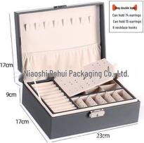 Dual-Layer PU Leather Jewelry Storage Box with Lock for Earrings and Rings 23x17x9 cm pilka spalva