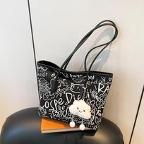 Chic 2026 Graffiti Print Faux Leather Tote Bag for Women, Spacious Casual Shoulder Handbag, Trendy Daily Commute Underarm Bag juoda