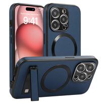 Luxury Business Leather Magsafe Phone Case For iPhone 16 15 14 11 12 13 Pro Max Magnetic Wireless Charging Stand Cover For iPhone 16Pro&Case & Holder tamsiai mėlyna spalva