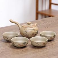 Kung Fu Travel Tea Set, Purple Teapot, 1 Teapot, 4 TeaCups, Coarse Pottery Teaware, Side Handle Teapot, 4 Cups