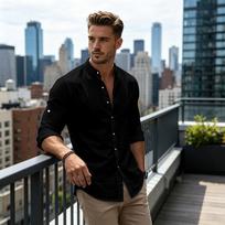 Men’s Casual Long Sleeve Linen Shirt with Button Down Mandarin Collar Lightweight Breathable Comfortable Fit for Daily Wear L juoda