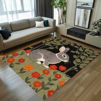 Cute Gray Rabbit Area Rug Vintage Floral Poppy Print Soft  Floor Mat for Living Room Bedroom Kids Room Nursery Cottage Decor 40X60CM
