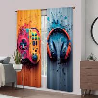 Gaming-Themed Window Curta 100% Polyester, Vibrant Gamepad & Headphone Design,  Blackout Panels For Bedroom Or Playroom Decor 53x116cm 2pc21x46in