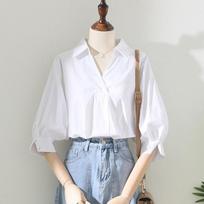 Summer Women's Fashion White Simple Blouse Office Lady Business Casual Turn Down Collar Shirt Elegant 3/4 Sleeve Loose Tops S balta