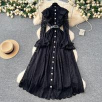 High-end Women's Dress with Black Fungus Trim and Single-breasted Buttons Featuring A Cinched Waist 2XL juoda