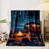 Beachside camping scene with a fire pit, chairs, caravan, and starry sky. for all seasons blanket lunch break throw gift 80cm x 120cm