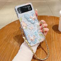 Gėlėtas metalinis dirželis Skaidrus dėklas, skirtas Samsung Galaxy Z Flip 7 6 5 4 3 5G Flip5 Flip6 Flip4 Flip3 Minkštas TPU sulankstomas dangtelis Samsung Z Flip5