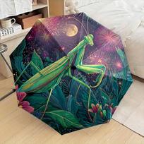 Personalised Theme Folding Umbrella Praying mantis among lush foliage, fireworks and full moon backdrop. Creative portable fol