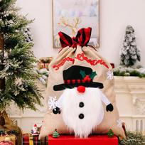 Cartoon Style Christmas Burlap Gift Bags Featuring Merry Snowman Reindeer Design Merry Christmas Santa