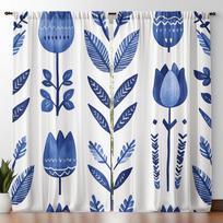 Nordic Blue & White Hand-Painted Tulip Curta Set Of 2 – Folk Art Motifs, Rod Pocket Semi-Sheer Drapes 53x116cm 2pc21x46in