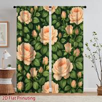Elegant Peach Rose & Lush Green Leaves Curta Set Of 2 Rod Pocket Light Filtering Privacy Drapes – Polyester, Machine Washable 53x116cm 2pc21x46in