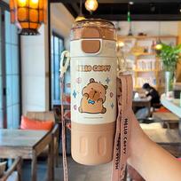 Cute Kapibara cup, double drink, student thermos cup, adjustable cup rope, easy to carry, silicone suction nozzle, water cup authentic authorized