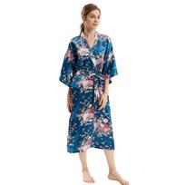 Women's Summer Fall Kimono Cardigan Mid-sleeved Long Floral Faux Silk Comfortable Elegant Homewear One size