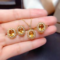 Women Jewelry Set Yellow Citrine Gemstone Ring Pendant Earrings Necklace Full Diamond
