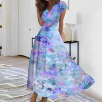 Women's Long Casual Dress Summer Short-Sleeve V-Neck Waist Retraction Printed Dress L