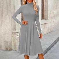 Women's Casual Fashion High Neck Long Sleeve Color Midi Dress XXXL