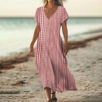 Fashion Women's Summer V-Neck Short Sleeve Vintage Floral Print Beach Dress S rožinė