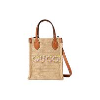 Gucci Logotipo Natūralios Rafijos Mini Rankinė Su Rudos Odos Apdaila Ir Daugiaspalviu Užrašu Moterims Prabangus Atostogų Kasdienis Naudojimas Gift Set(Basic Set+Box+Shopping Bag)