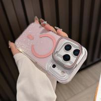 Luxury Lens Stand Glitter Magsafe Case for iPhone 17 16 15 14 13 Pro Max 17Air Plus Shining Transparent Shockproof protection iPhone 13 rožinė