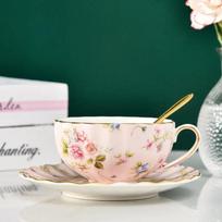 Pastoracinio stiliaus Gėlės arbatos rinkinys Keraminis kavos puodelio kostiumas Aukštos kokybės Bone China Golden edge arbatos puodelis ir lėkštė su šaukštu 220ml