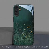 Žalių laukinių gėlių grūdinto stiklo telefono dėklas, tinkamas Samsung Galaxy S26 S25 S24 S23 S22 S20 S11S10 FE/Ultra/Plus, apsaugantis nuo kritimo Galaxy S22 juoda