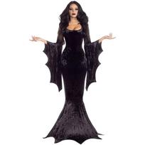 Costume Morticia Addams Long Train Dress Halloween Terror Dark Outfit Gothic Gown Robe Bat Sleeve Horror For Adult XS juoda