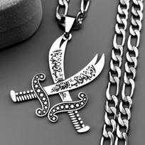 Imam Ali Zulfiqar Sword Muslim Islam Pendant Necklace For Men Women Stainless Steel Silver Color Arabic Letter Chain Jewlery