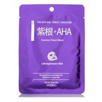 Mitomo Essence Mask with AHA and Lithospermum Veido kaukė su AHA ir kietagrūdžių ekstraktu, 25g
