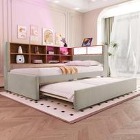 Polsterinė sofa-lova 90x200 cm su LED, lizdais, stalčiais, šviesiai pilka flanelė