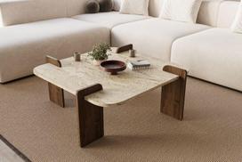 Kavos staliukas Afrolli Travertine Walnut, 90x90x35 cm, smėlio spalvos