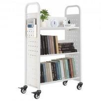 Knygų Bibliotekos Vežimėlis 150 kg, 3 Vienpusės V Formos Lentynos, Dvigubi Stabdžiai, Anglinis Plienas, 77 × 38 × 122 cm