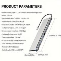 USB-C 12-in-1 šakotuvas, HDTV+DP+VGA+RJ45 1000M