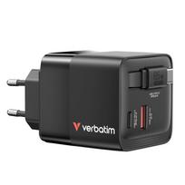 Verbatim GaN Wall Charger, 65W, 2 Ports, USB-C Cable, Foldable US Plug with EU/UK Adapters
