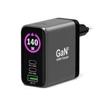 PORT CONNECT GaN2 wall charger for 2×USB-C PD 3.1 and USB-A QC 3.0, 140W, OLED display, black