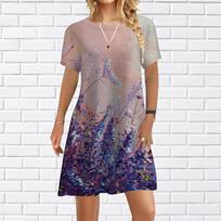 Women Casual Dress Summer Pink Dandelion Print Dresses For Women O-neck Short Sleeve Dress Plus Size XS violetinė