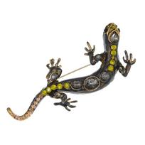 SALAMANDER BROOCH Pin Gray Green Rhinestone Black Enamel Costume Jewelry