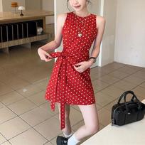 Retro Red Polka Dot Sleeveless Dress for Women's Summer Temperament Lace-up Waist Vest Skirt S raudona