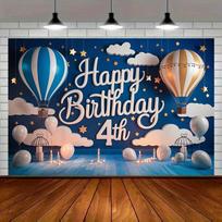 2D Blue Hot Air Balloon 4th Birthday Backdrop, Stars Cloud Scene for Party Decoration 47.2x31.5inch/120*80cm